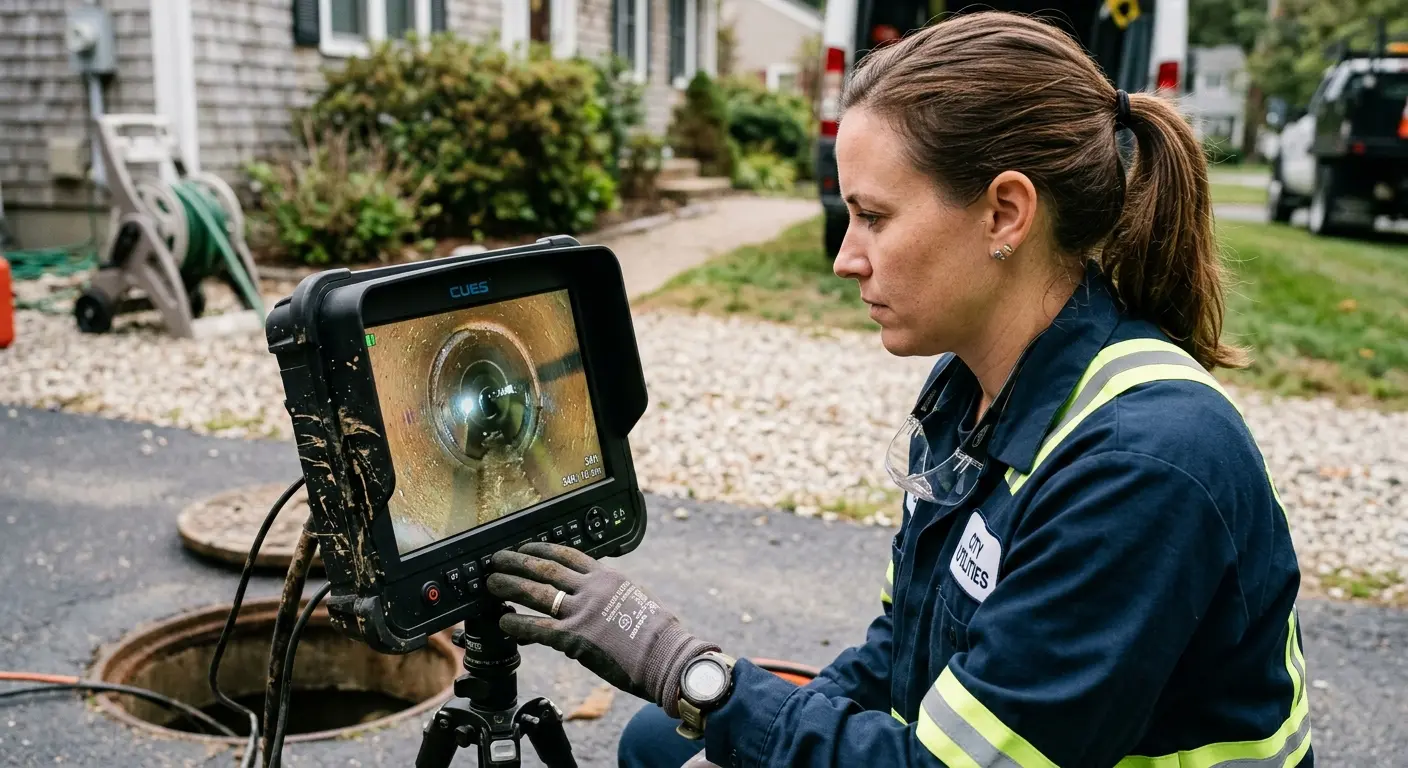 Technician reviewing sewer camera inspection footage in Snyderville