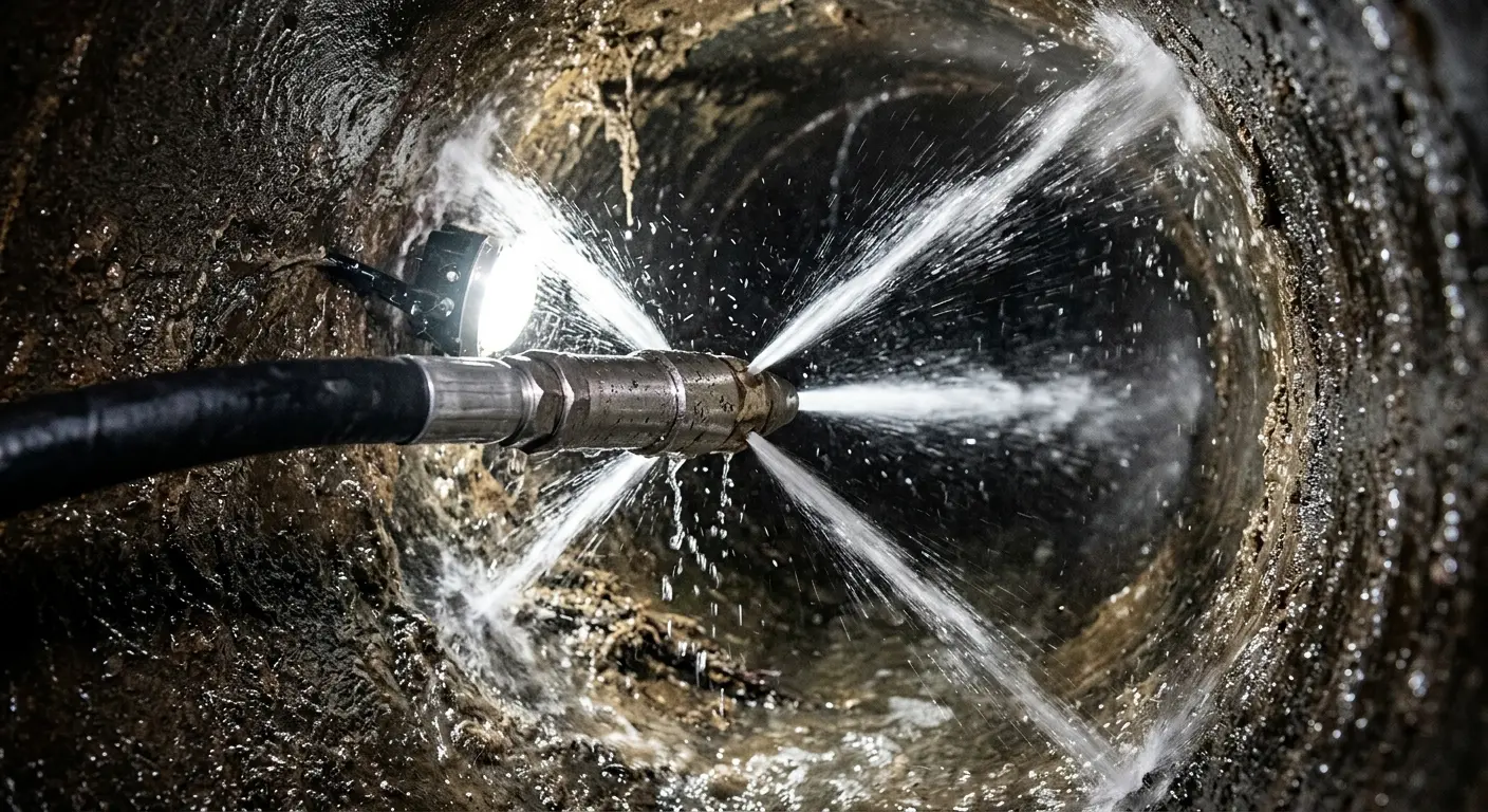 High-pressure hydro jetting nozzle cleaning sewer pipe for Storm Drain Cleaning in Snyderville
