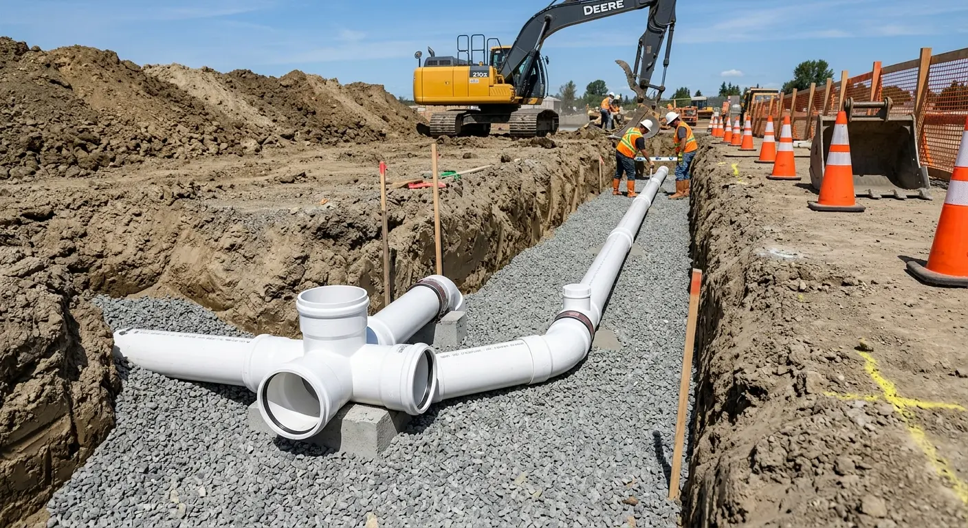 New PVC sewer pipe installation in open trench for Sewer Backup in Snyderville