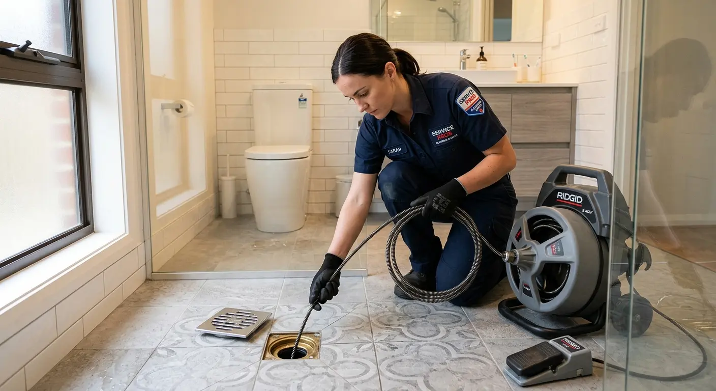 Technician clearing a bathroom floor drain for Drain Cleaning in Snyderville